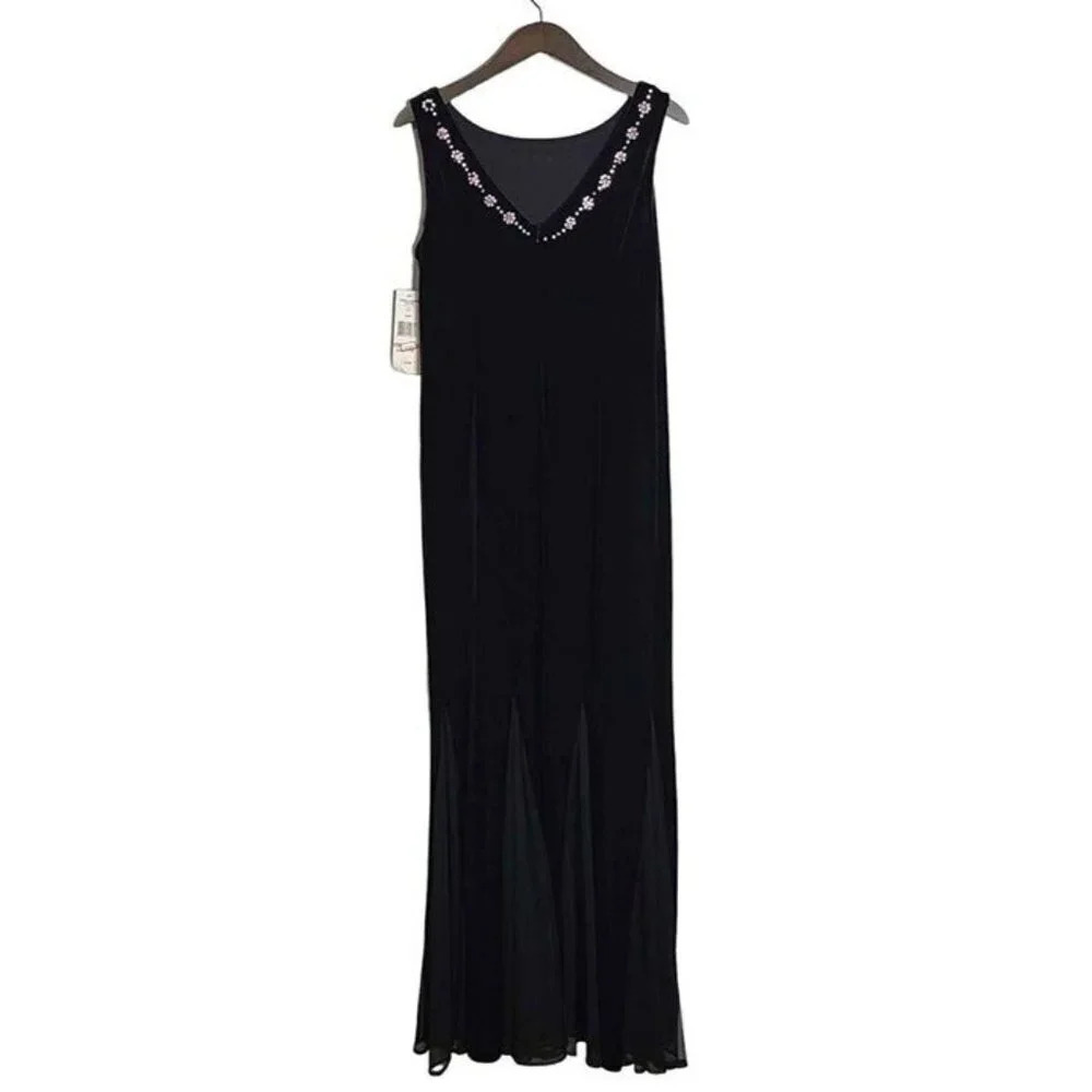 New Jessica Howard Evening Sequin Neckline Stretch Dress Black Velvet Feel 12